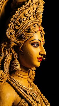 Side profile of goddess durga sculpture illuminated against dark background