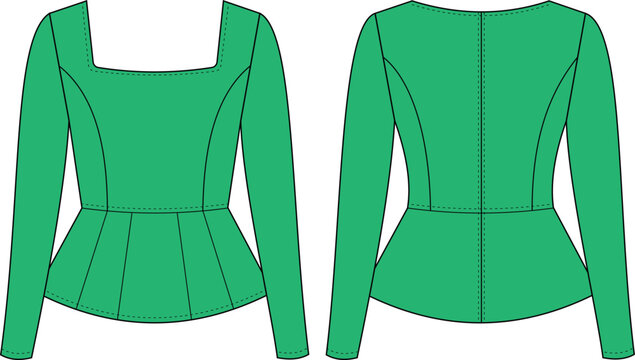 Women's tailored peplum blouse technical fashion flat front and back garment illustration