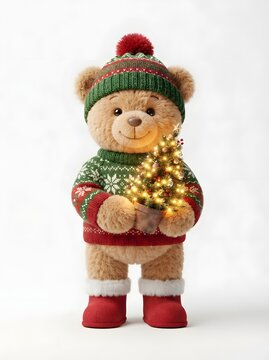 Festive teddy bear holding a miniature christmas tree with lights on a white background