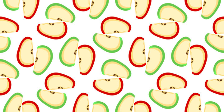 Seamless pattern with red and green apple slices, fresh fruit wedges vector background for packaging, fabric, wrapping paper, or kitchen decor
