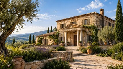 Obraz premium Charming Provençal stone country house with climbing roses and lavender garden at golden hour 
