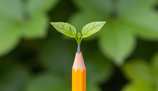 Small green seedling sprout growing out of a yellow wooden pencil tip macro shot environment ecology concept