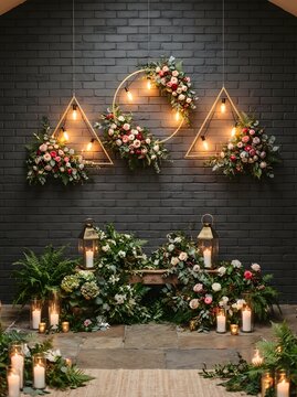 Floral arrangement with geometric shapes and candles for wedding or event decoration