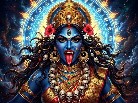 Blue skinned goddess kali with ornate golden jewelry and mystical glowing wheel