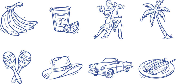Hand Drawn Cuban Culture Icon Set With Car And Dancers