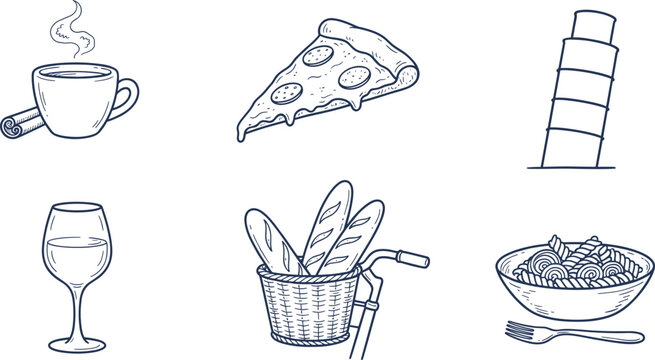 Hand Drawn Italian Food Set With Pizza And Pasta