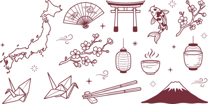 Hand Drawn Japan Culture Icon Set With Torii Gate