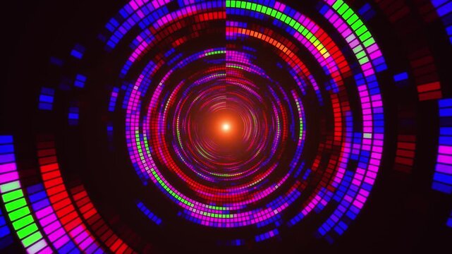 A futuristic digital tunnel portal formed by concentric rings of bright, glowing squares. Red, blue, pink, and green segments create an effect of movement, depth, and virtual space.