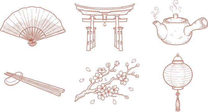 Hand Drawn Japanese Icon Set With Torii And Fan