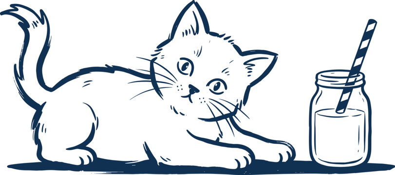 Hand Drawn Kitten Lying Beside Milk Jar Illustration
