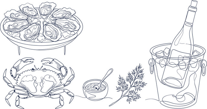 Hand Drawn Seafood Set With Oysters Crab And Wine