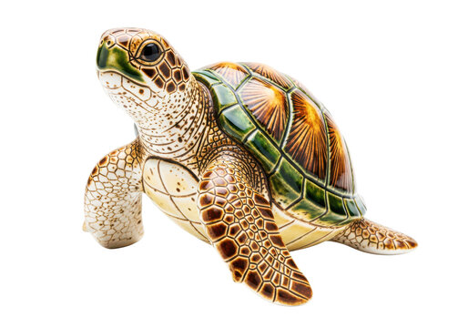 A detailed statue of a green sea turtle with a patterned shell, captured from a side angle on a transparent background.
