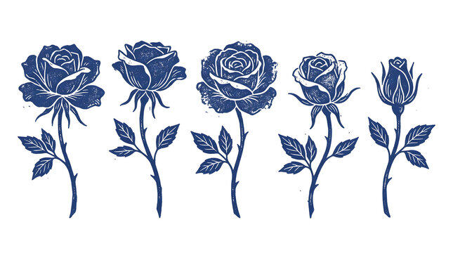 Collection of blue rose illustrations with metallic accents.