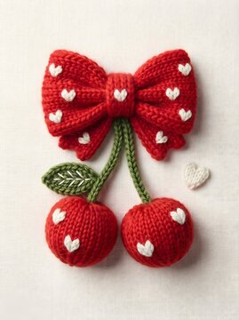 Handmade knitted cherry with hearts on a white surface a charming seasonal decoration