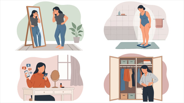 Body Dysmorphia and Self Image Distortion Concept Set with Women Checking Body Shape in Mirror and Bathroom Scale.