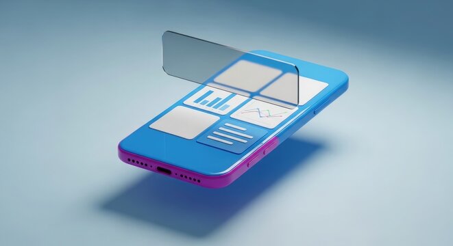 Mobile phone displaying multiple app screens with holographic projection