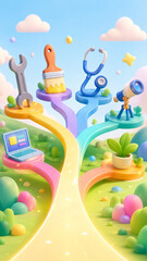 Naklejka premium Colorful 3D branching pathway leading to various career symbols including stethoscope tools computer and telescope