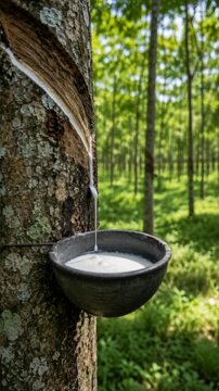 Natural rubber latex extraction process with liquid sap dripping from a tree bark