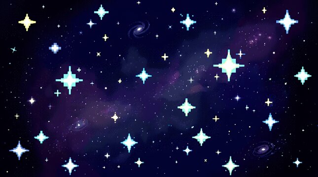 Retro 8-Bit Cosmic Night Sky Texture Featuring Shiny Pixelated Stars and Deep Dark Outer Space Backdrop pixel art starry sky space stars night cosmic background texture 8bit retro galaxy dark