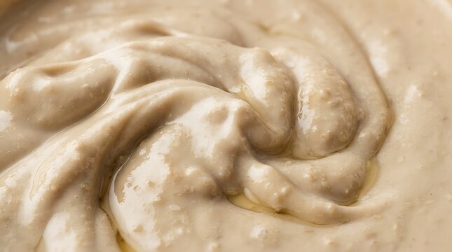 Smooth creamy beige tahini paste with olive oil swirl closeup.