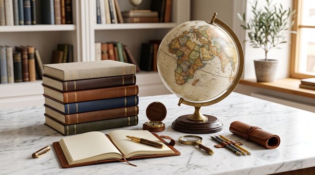 Antique books globe and vintage objects on a marble surface with natural light