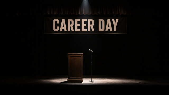 Empty wooden rostrum and microphone on dark stage under spotlight with "CAREER DAY" text on banner