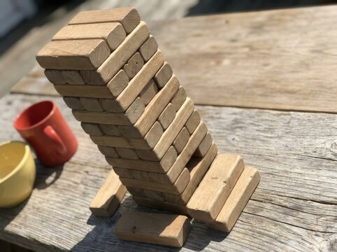Tumbling tower wooden stacking game on rustic tabletop with copy space