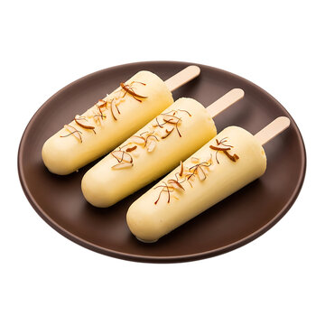 Three creamy kulfi ice cream sticks topped with almond slices transparent background.