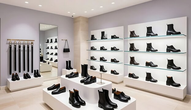 Elegant modern shoe store interior showcasing stylish black leather boots and loafers on minimalist white display shelves with ambient lighting and display mirrors