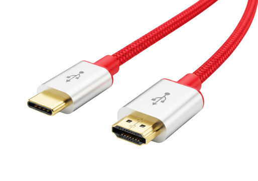 Red usb c to hdmi cable with gold plated connectors symbolizing technology and data transfer for modern device connectivity and media streaming.