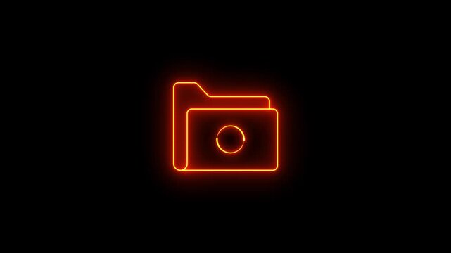 Neon glowing orange color folder icon video animation on black background. Neon Folder icon motion. Documents directory. Neon lighting Folder icon sign symbol animation.