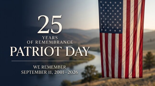Patriot Day 25 years of remembrance banner, American flag with landscape background, September 11 memorial tribute