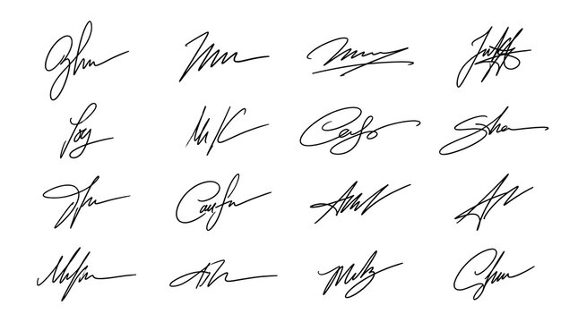 Set of 16 handwritten signatures for documents and contracts.