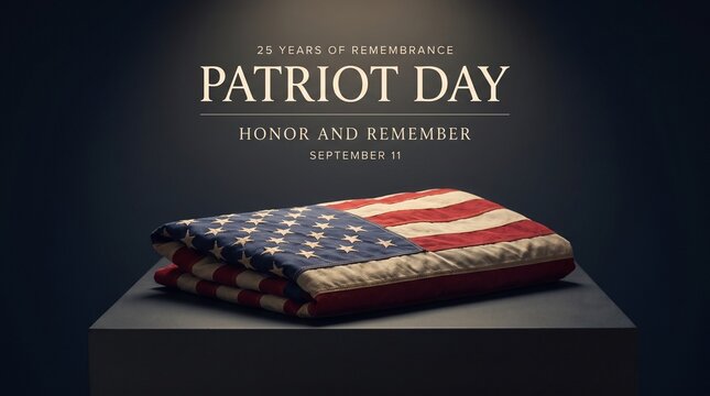Patriot Day memorial banner, folded American flag on dark pedestal, 23 years of remembrance honor and remember September 11