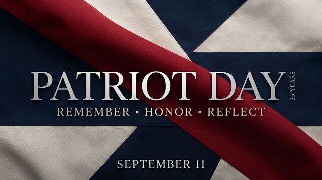 Patriot Day September 11 memorial banner, 23 years anniversary tribute, American flag fabric texture with remember honor reflect text