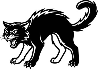 Obraz premium A scary black cat with arched back and bared teeth in a classic halloween illustration style
