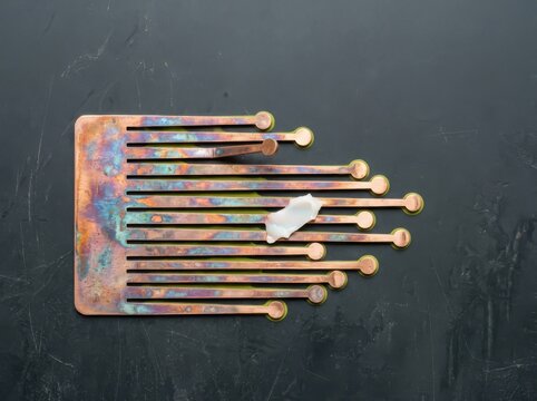 Kalimba thumb piano with patina metal tines on dark slate
