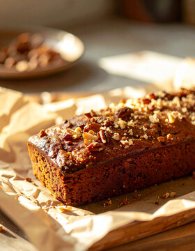 Homemade banana bread loaf with chopped nuts and cinnamon on parchment paper, cozy rustic kitchen setting, rich baked food, homemade atmosphere. Tasty snack. Close-up.