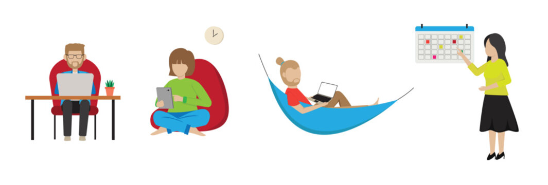 People working remotely in different styles using laptop tablet calendar hammock flexible lifestyle vector set