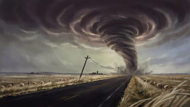 A massive tornado swirling over a rural highway surrounded by dry fields with dark funnel cloud descends stormy sky above paved road cutting through flat