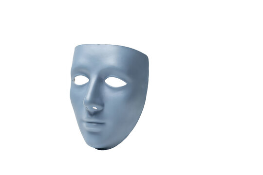 Smooth light blue human face mask with open eye sockets and neutral expression isolated on a transparent background