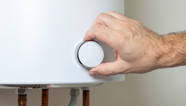 Close up of a man's hand adjusting the round temperature control dial on a modern white electric storage water heater boiler panel, focusing on home energy efficiency and utility maintenance.