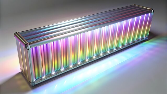 Futuristic metallic container with glowing rainbow iridescent lights illuminating a modern studio floor