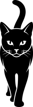 Minimalist black cat silhouette walking forward isolated on white background for creative design and logos