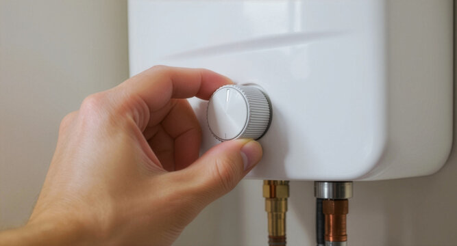Close up of a person's hand turning a ribbed plastic temperature control dial on a modern white water heater boiler unit, focusing on domestic energy efficiency and home appliance settings.