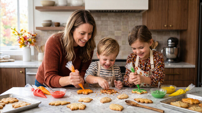 Mother and children decorating autumn leaf-shaped cookies with colorful icing in a bright kitchen