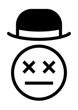 Black silhouette icon of a dead smiley face emoji wearing a bowler hat with vector icon facial expression funny icon cartoon character