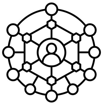Global network connection diagram with central user profile node icon connection nodes social network communication icon data structure