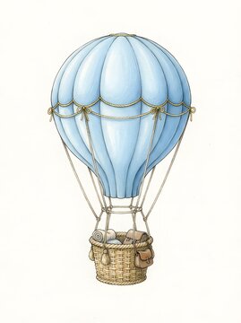 Watercolor illustration of a light blue hot air balloon with wicker basket