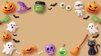 Fototapeta premium Halloween holiday frame with cute cartoon pumpkin ghost mummy cat and skull characters on an orange background for party invitation design